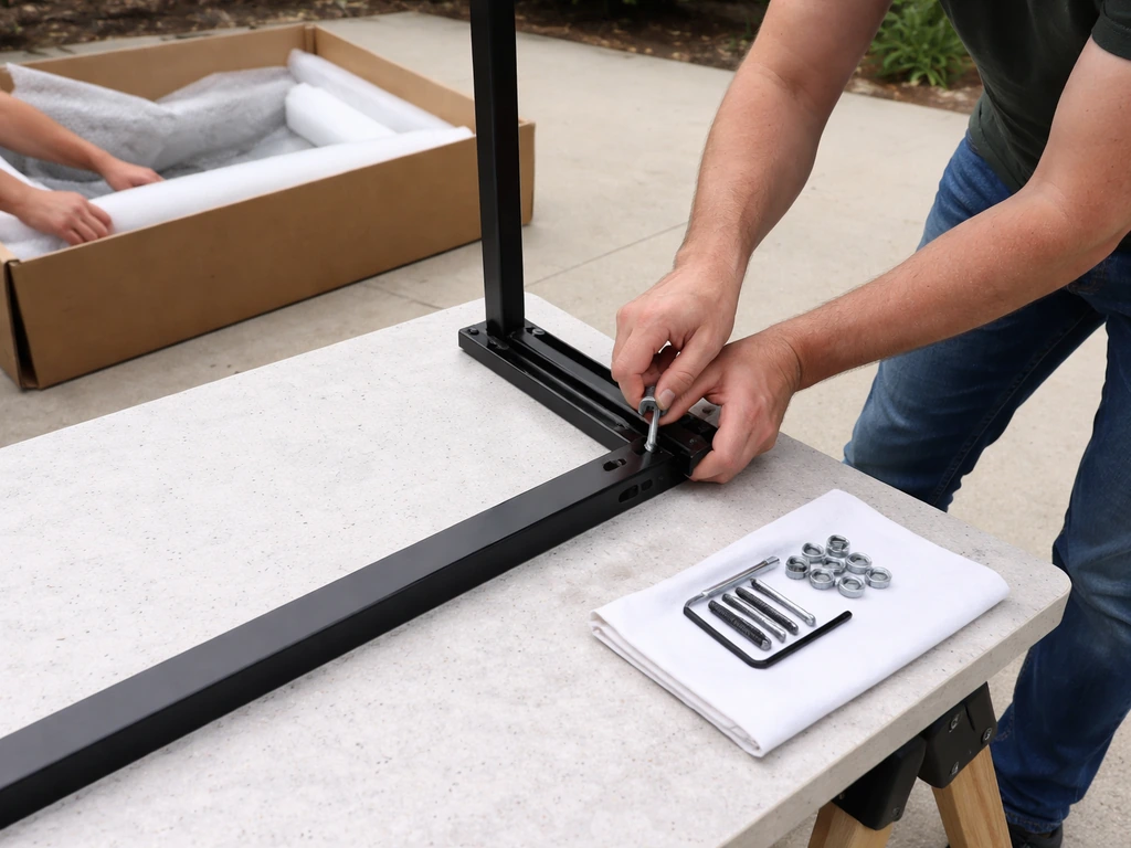 Patio dining set hardware and tabletop ready for assembly beside a delivery box on a driveway