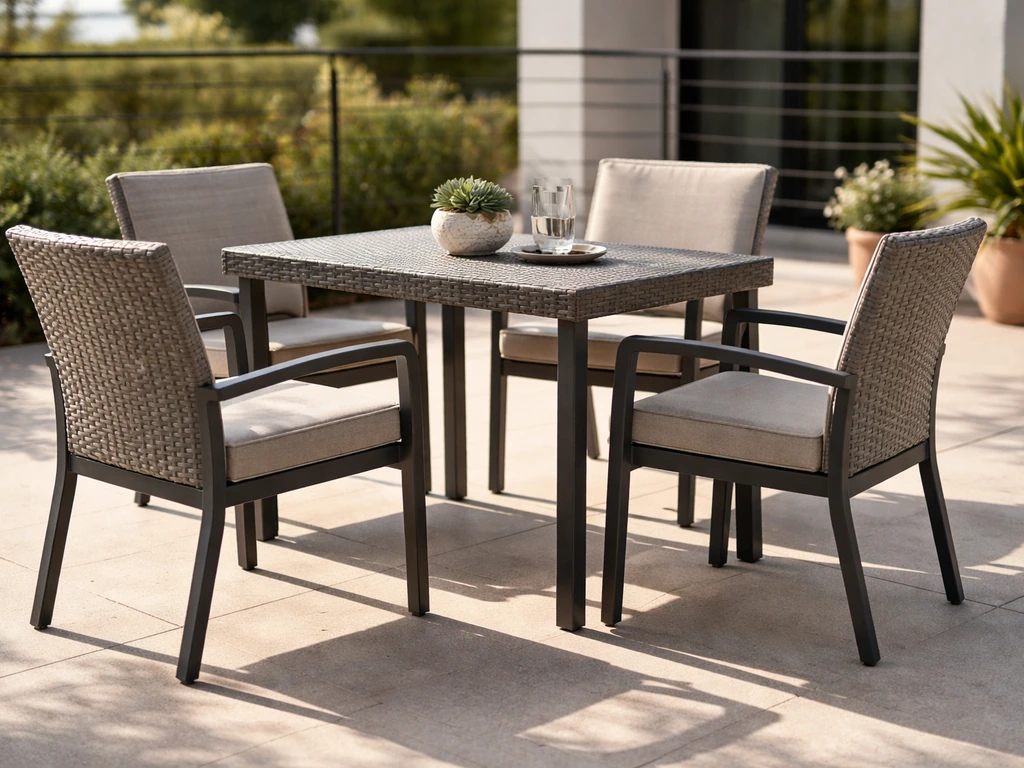 Sunlit patio with a matching table-and-chairs seating set in weather-ready, contemporary style.