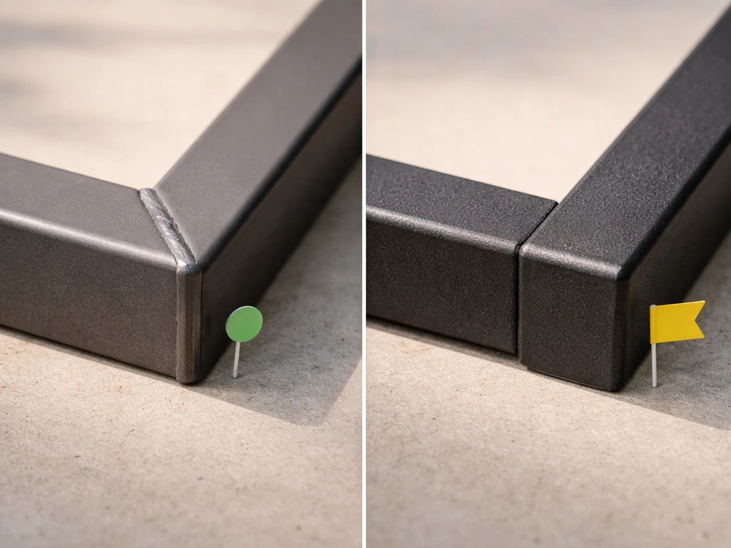 Close-up of patio furniture frame welds and powder-coated finish with simple visual markers near the metals.