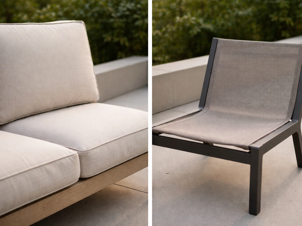 Patio comparison of a thick cushioned seat and a woven sling chair showing comfort textures side by side.