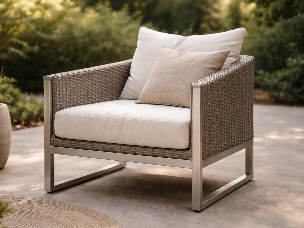 Relaxed outdoor seating with resin wicker over a visible aluminum frame and plush neutral cushions