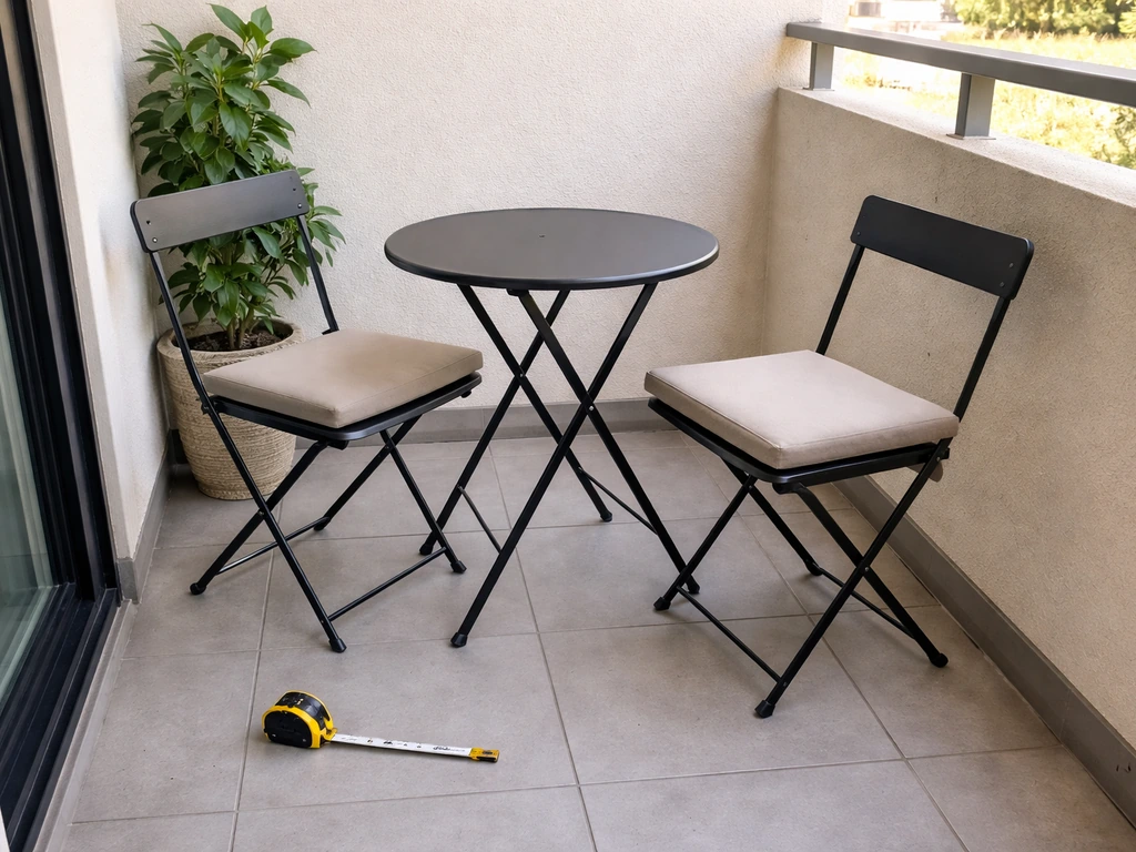Small balcony with a compact three-piece bistro set, showing measured spacing around the seating.
