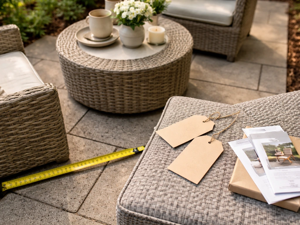 Measuring tape on an outdoor patio table with blank tag-like labels suggesting budgeting and warranty.