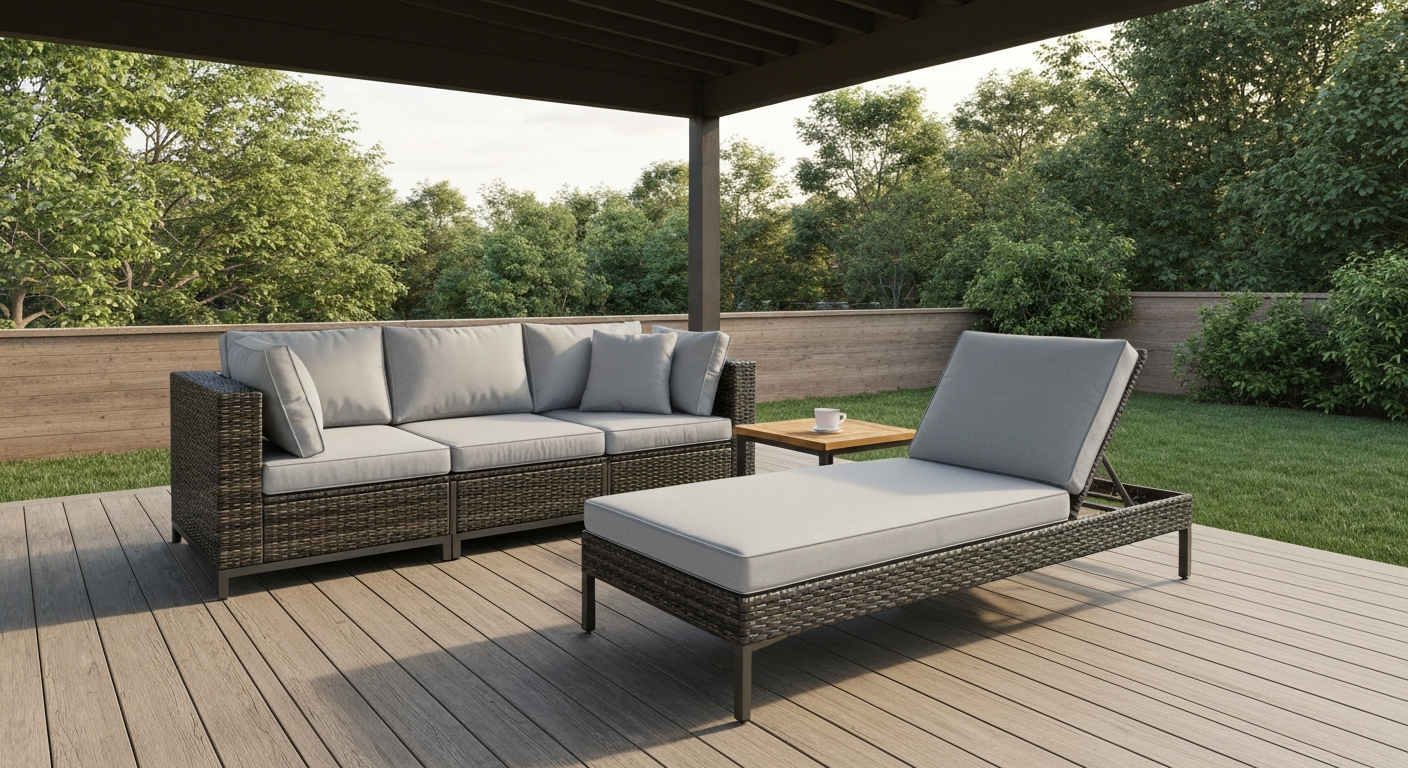 Inviting covered deck with dark-brown resin wicker sectional and chaise lounge, light-gray cushions, and a teak side table in late-afternoon light.