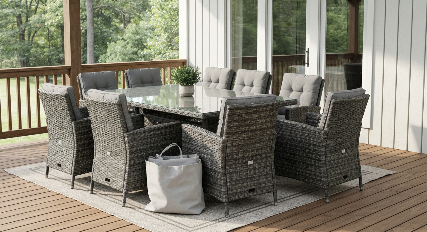 Nine-piece PE rattan dining set with tempered glass table and gray removable cushions on a covered wood deck, styled for a product-detail hero photo.