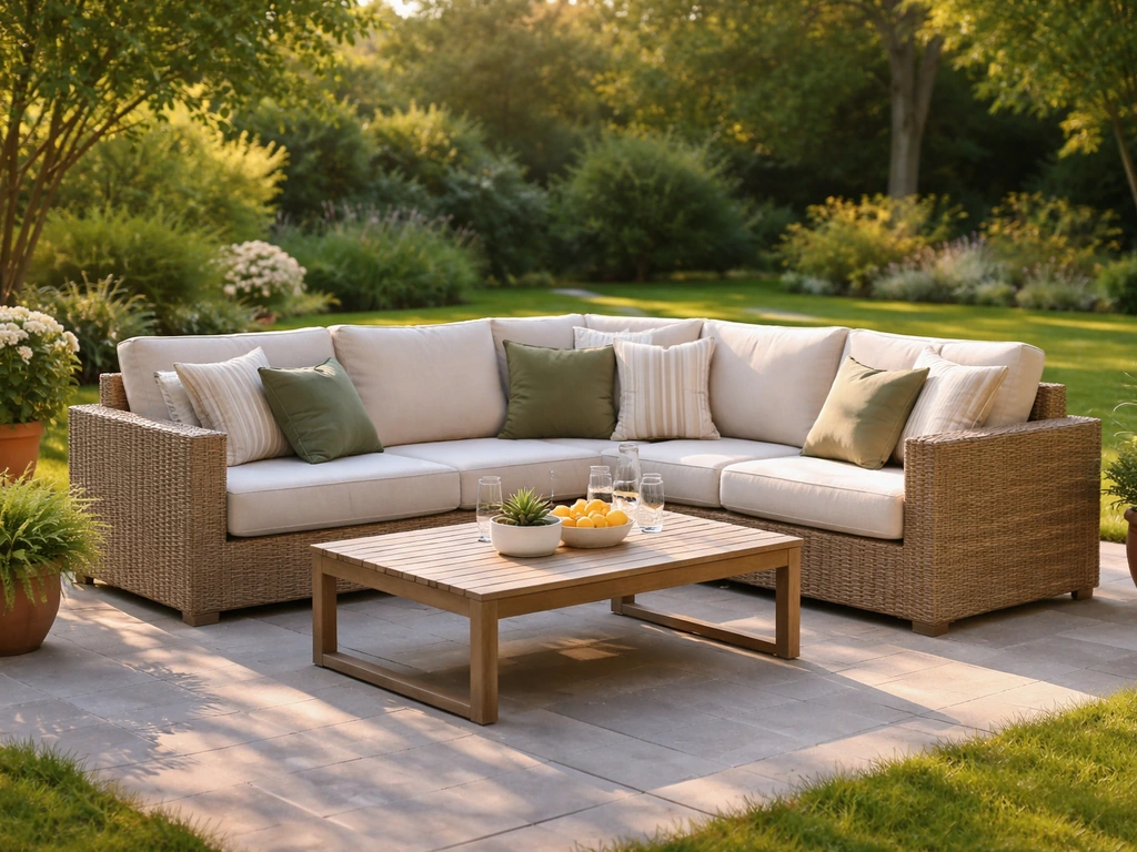 Realistic backyard patio seating set with outdoor sofa and coffee table in warm natural light.