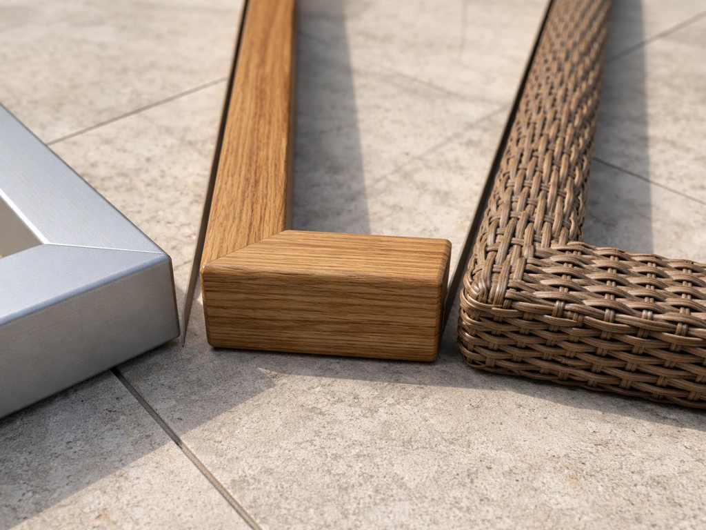 Three patio frame material samples—aluminum, teak, and resin wicker—shown side by side with distinct textures.