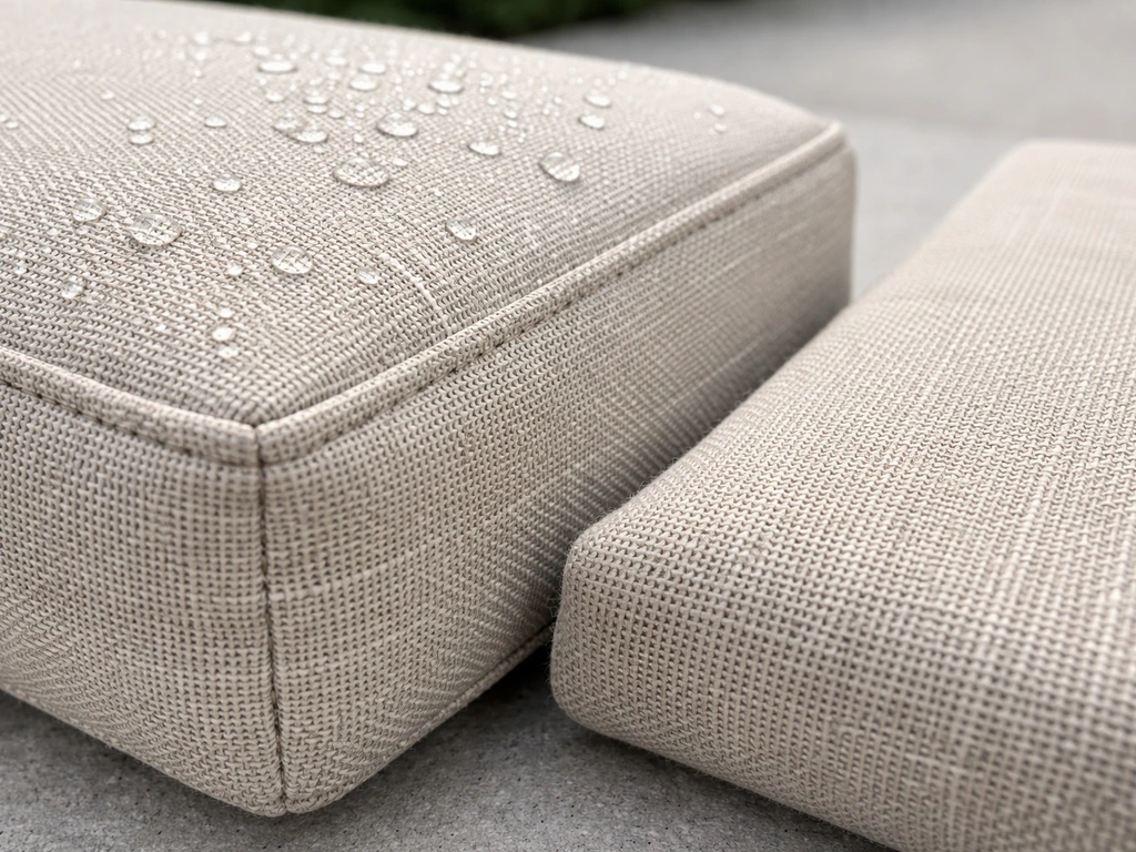 Close-up of solution-dyed performance fabric cushion seam and weave beside a dull non-performance fabric sample.