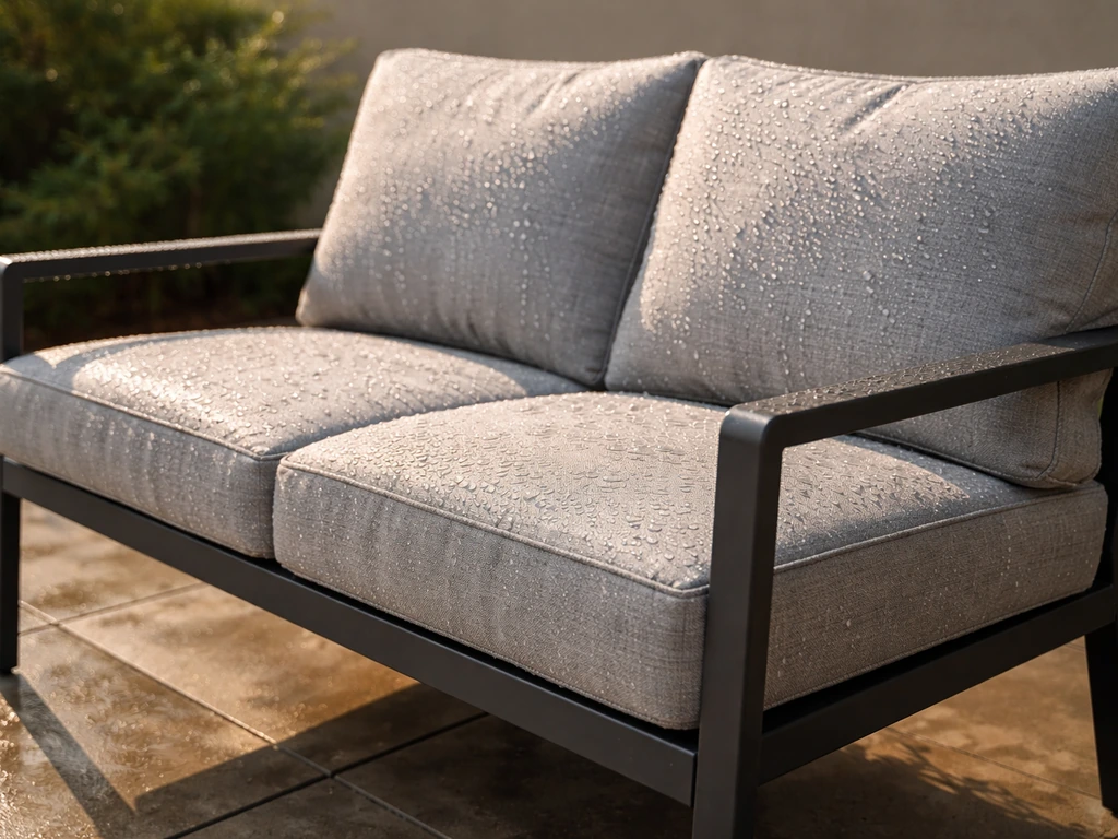 Outdoor furniture cushion and metal frame outdoors after rain, with water beading and no visible rust.