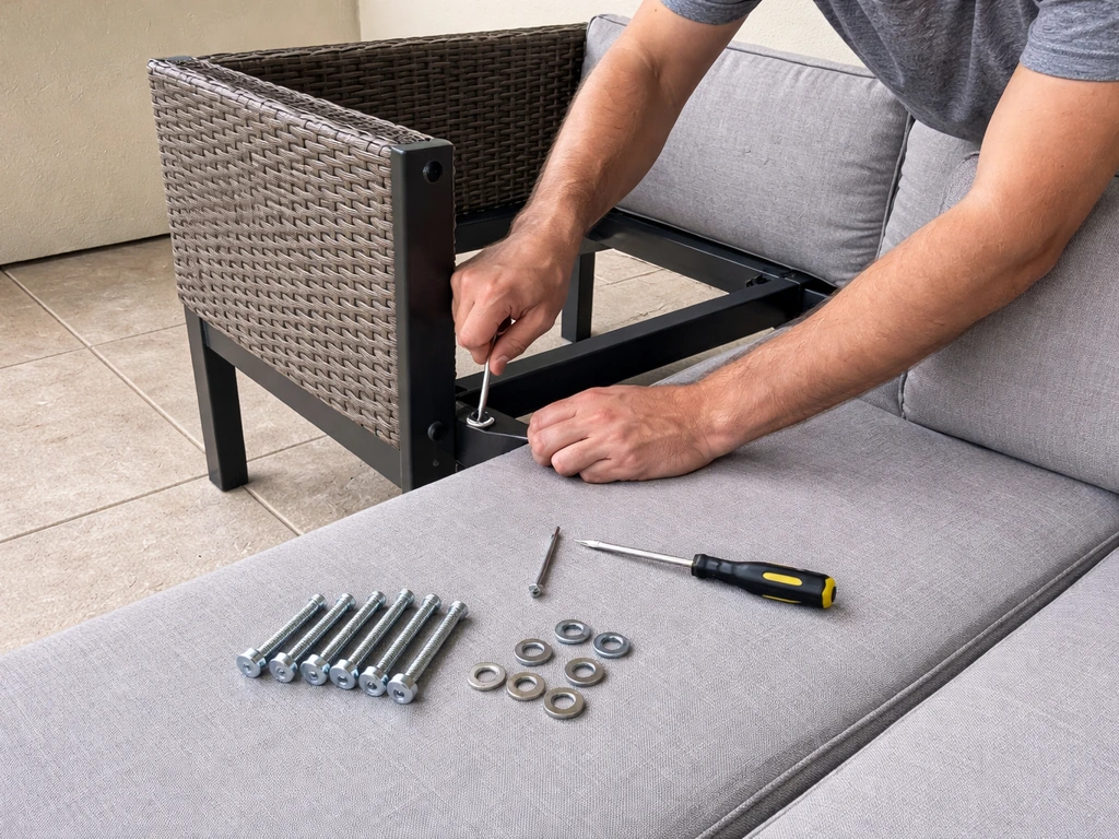 Hands bolting an outdoor sectional arm to the frame with hardware and tools laid on the seat nearby.