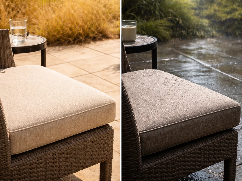 Minimal patio scene showing two different outdoor cushion materials under sunny and rainy conditions.