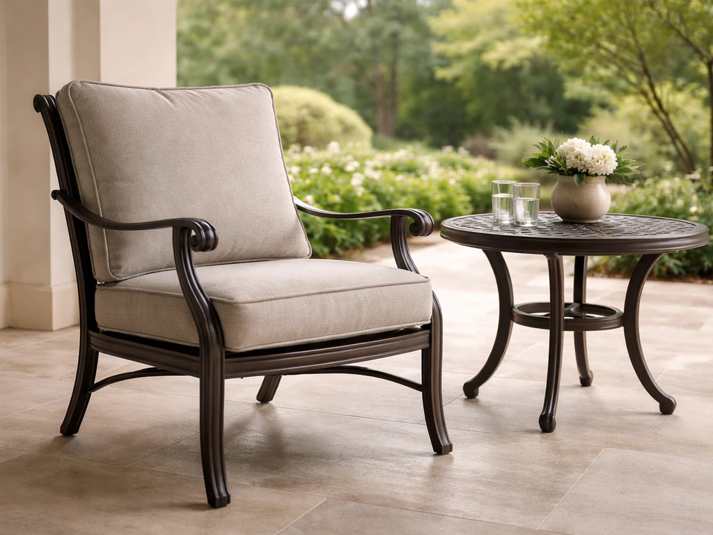 Cast-aluminum patio dining chair with cushioned seat on a covered patio, showing durable, weather-ready comfort.