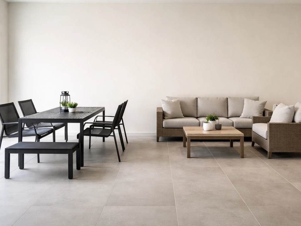 Two patio furniture collections side-by-side: sling-style on one side, cushion-style on the other.