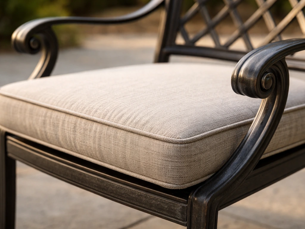 Close-up of a cushioned cast-aluminum chair seat and back support with visible fabric weave