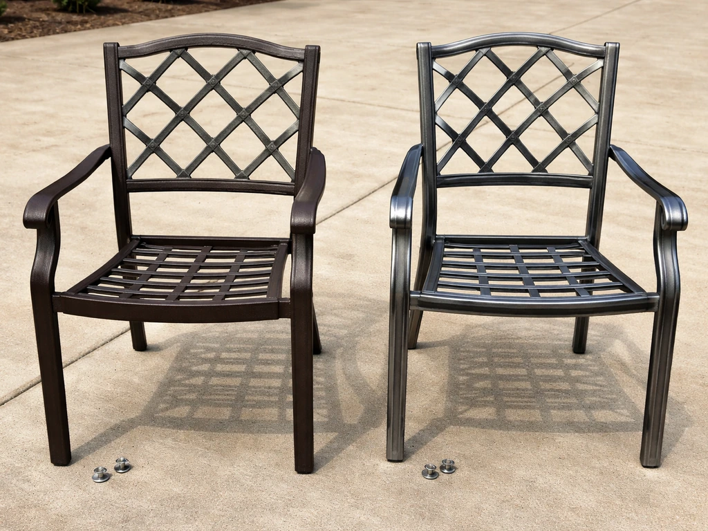 Mid-tier cast-aluminum patio chair beside a cheaper budget chair, showing finish and frame differences outdoors.