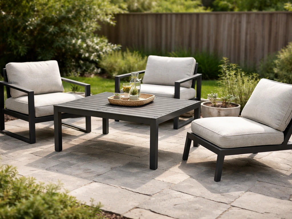 Modern patio furniture set on a stone patio with neutral cushions and a calm backyard background.