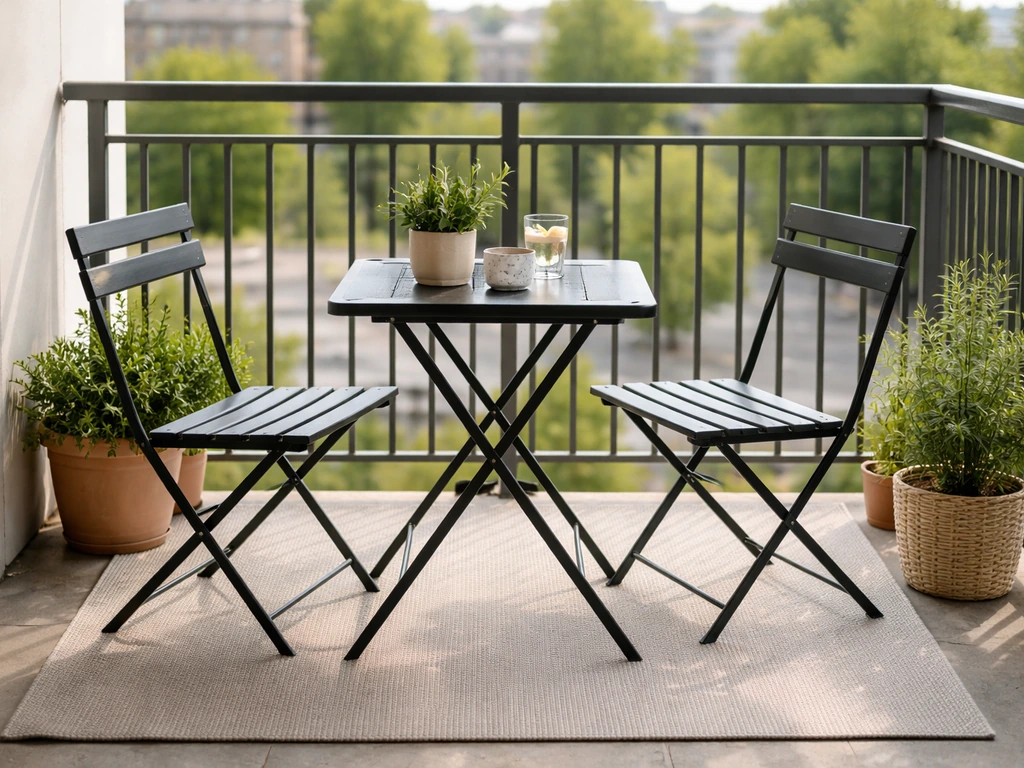 Compact two-person metal dining set on a small balcony with chairs, table, and potted plants.