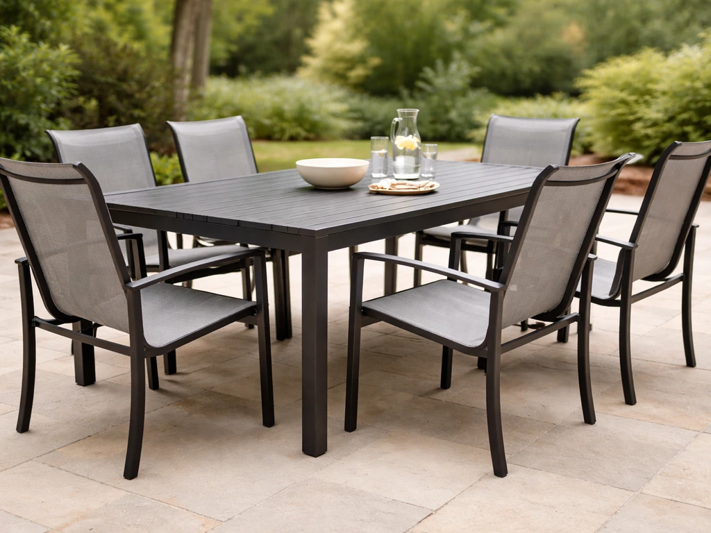 70-inch outdoor dining table with six sling chairs on a quiet patio, ready for dining.