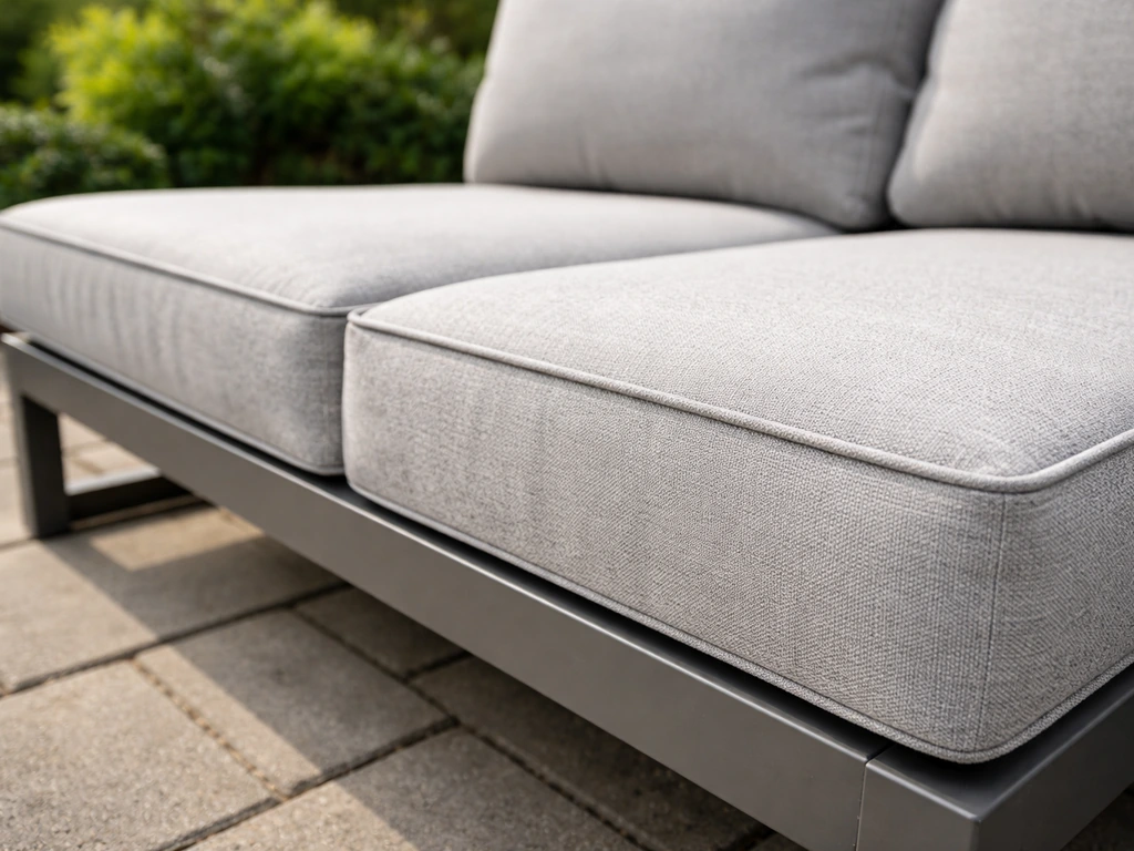 Close-up of thick foam cushions on an aluminum sectional, showing seat depth and comfort texture.