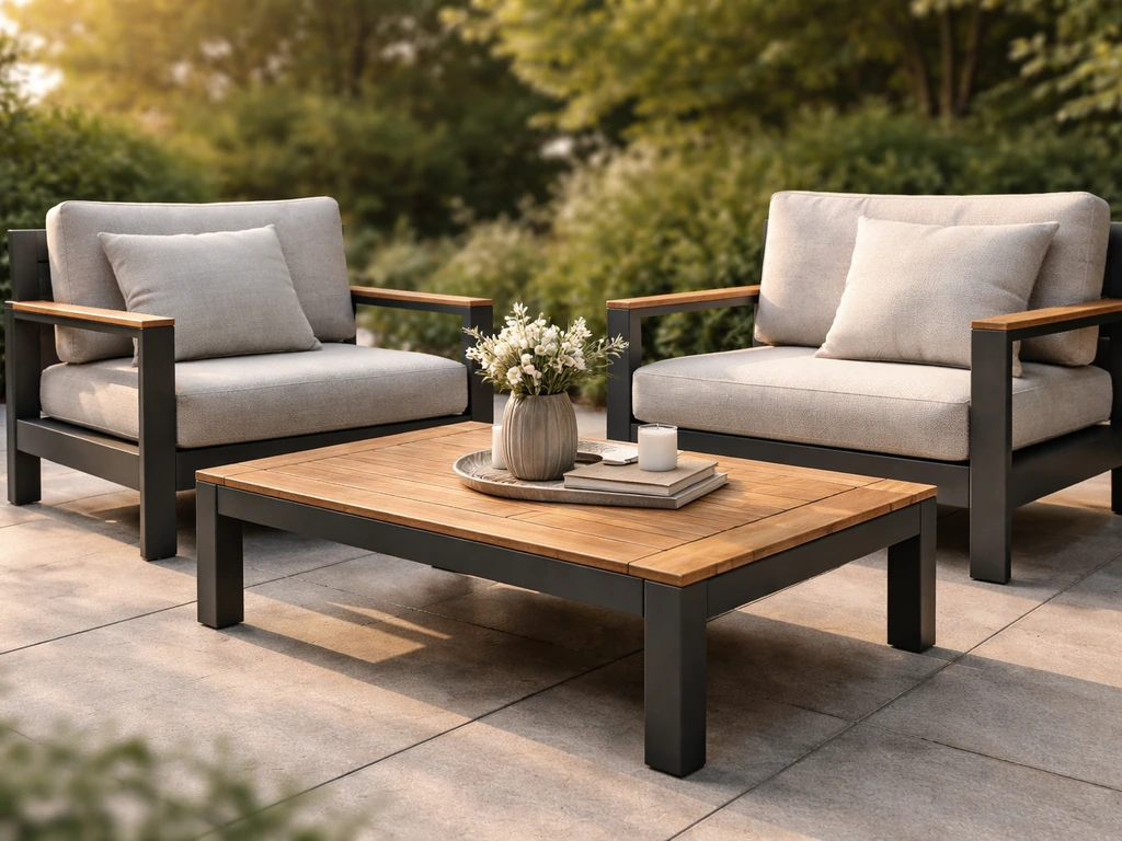 Sunlit aluminum-and-teak patio lounge set with neutral cushions on a quiet stone patio.