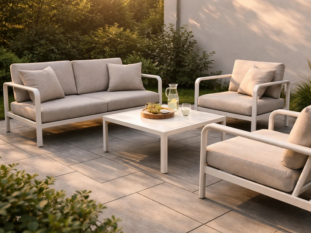 Modern Kettler-style patio lounge set with aluminum frames and cushions in a sunny backyard