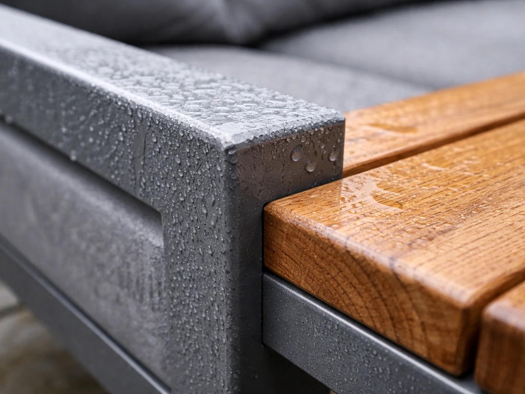 Close-up of powder-coated aluminum frame and teak wood showing rain beads and durable texture