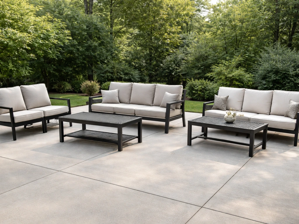 Three outdoor patio seating sets in a row showing different frame materials and cushion thicknesses.