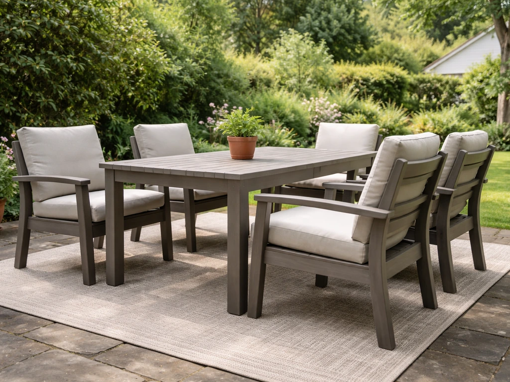 HDPE patio dining set with cushions on a Berlin garden-style outdoor deck in soft daylight