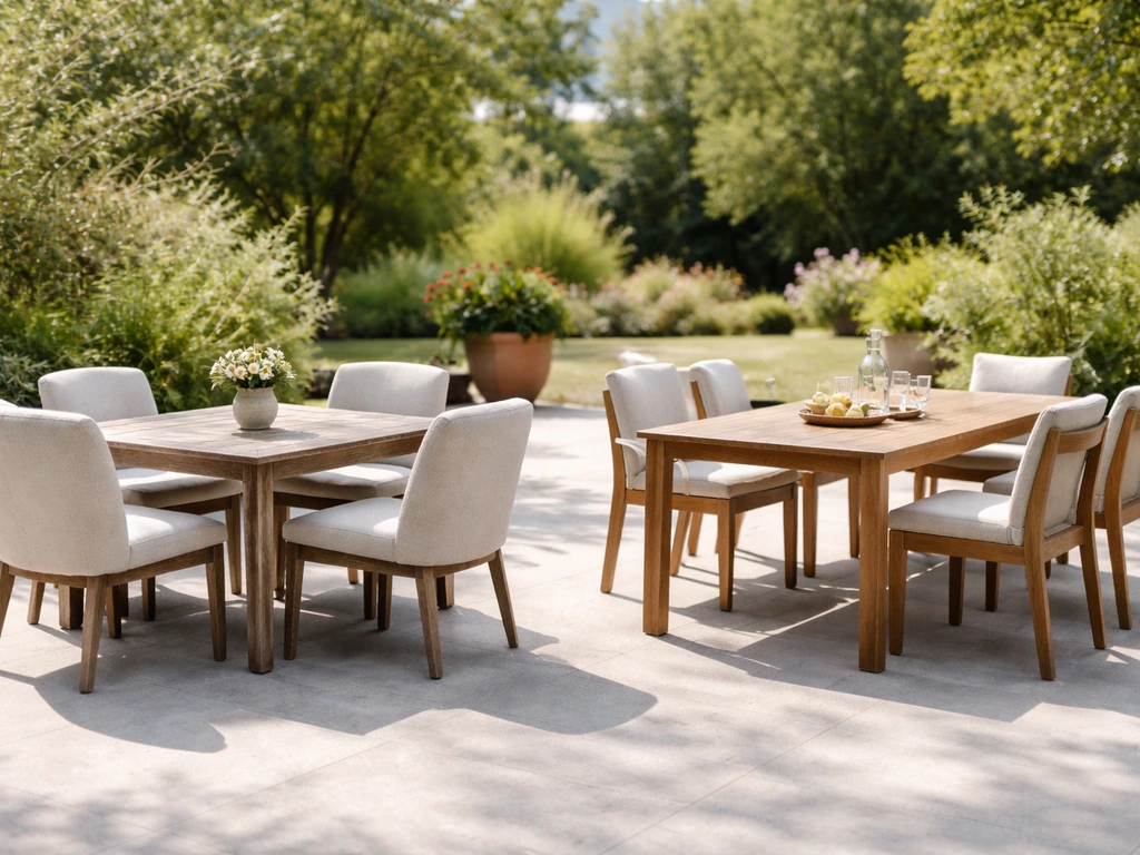 Minimal tabletop scene showing two distinct dining set styles side-by-side in a bright patio setting.