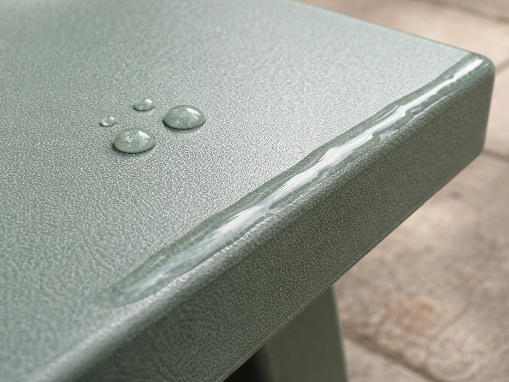 Close-up of color-through HDPE surface with water beads showing a smooth, non-peeling finish.