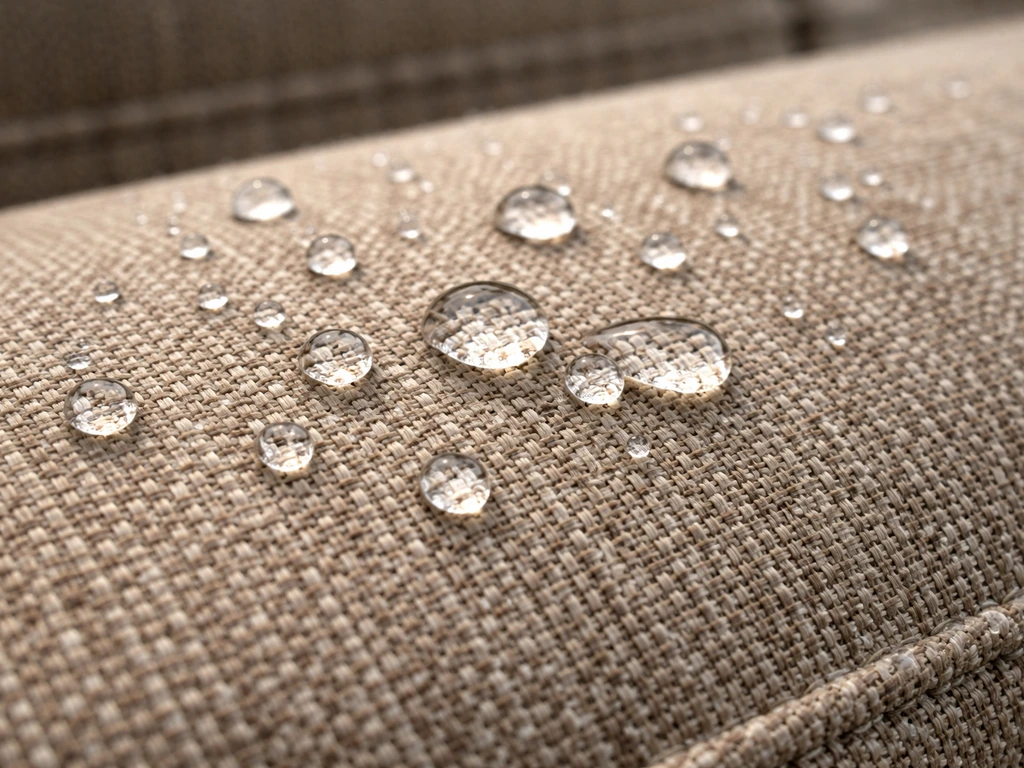 Close-up of outdoor cushion fabric with water beading and crisp texture detail