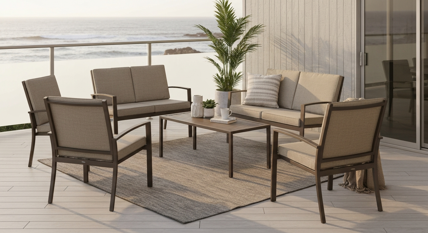Coastal patio scene showing a 4-piece aluminum sling seating set in Sand and Bronze finishes with a coffee table, on light decking with ocean in the background — illustrating Windy Isle–style outdoor furniture.