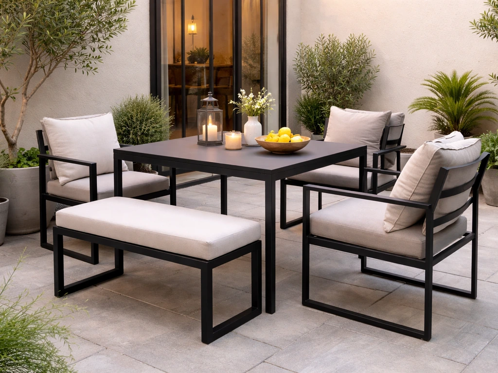 Modern steel-framed patio furniture set with neutral cushions on a quiet home patio, no people.