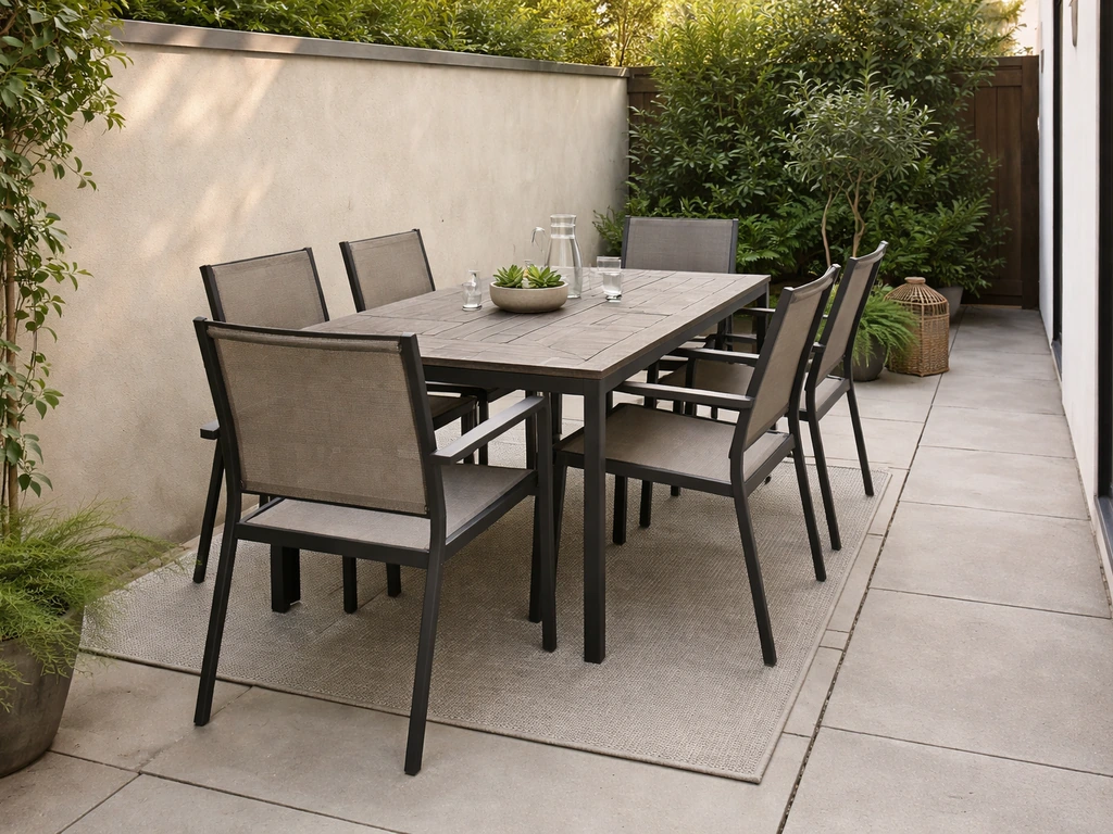 Compact 7-piece outdoor dining set on a narrow patio, showing clear chair spacing and walkway.