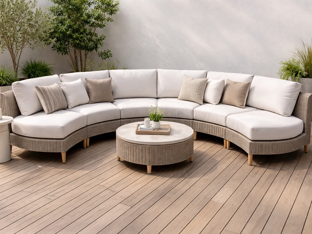 Half-moon patio sectional with layered cushions in an inviting outdoor lounge setting.
