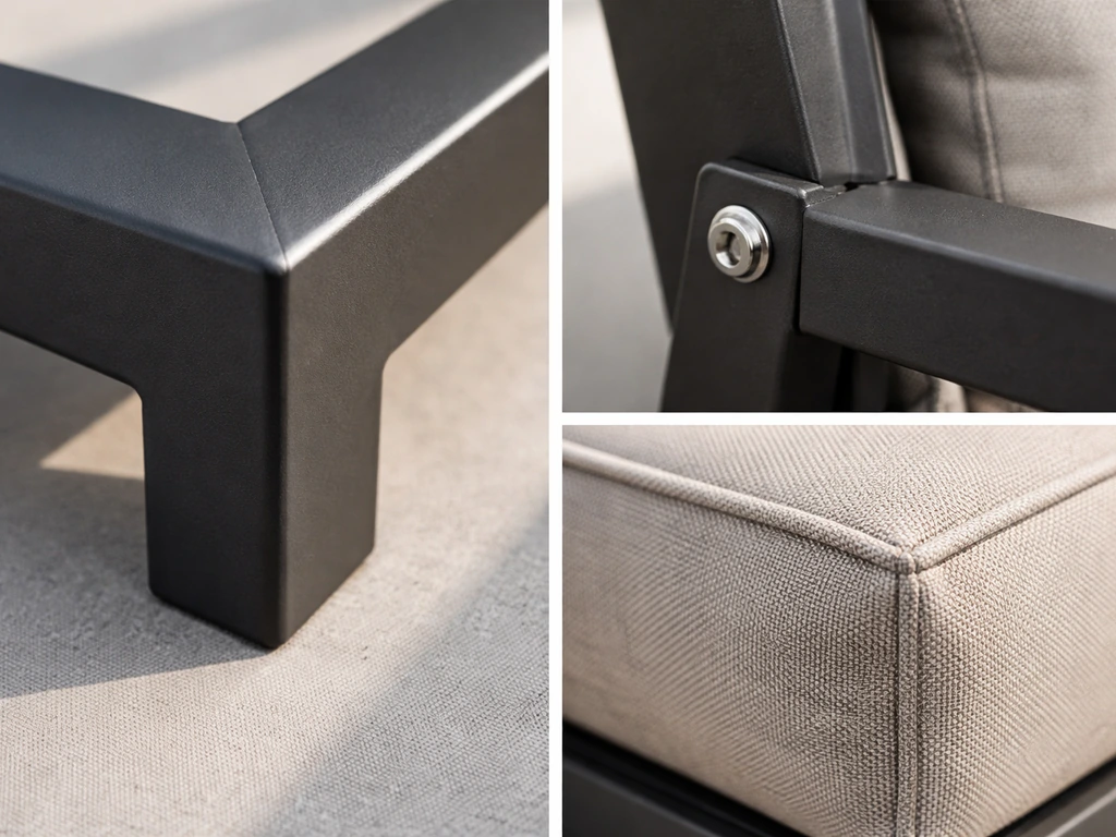 Closeups of a powder-coated steel frame, hardware, and cushion seams on a furniture set