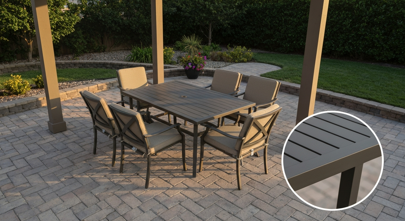 Powder coated aluminum dining set staged on a backyard patio under a pergola, showing finish, cushions, and overall scale.