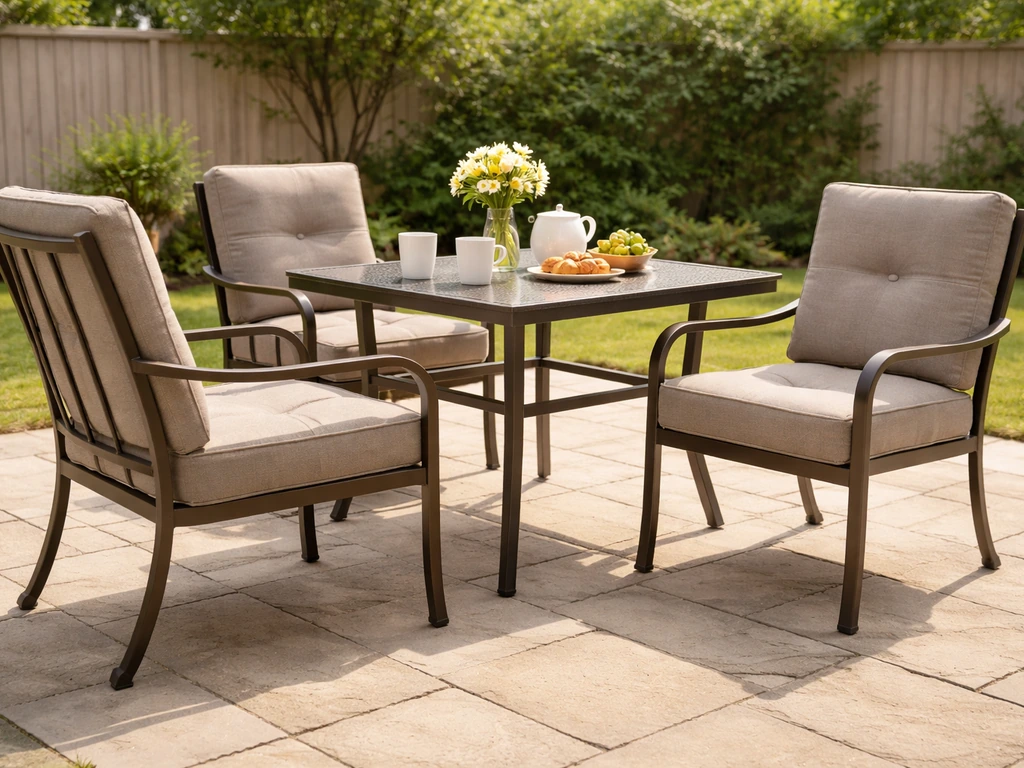 Bright backyard patio with a complete metal-framed dining set and cushioned chairs in use, no people.