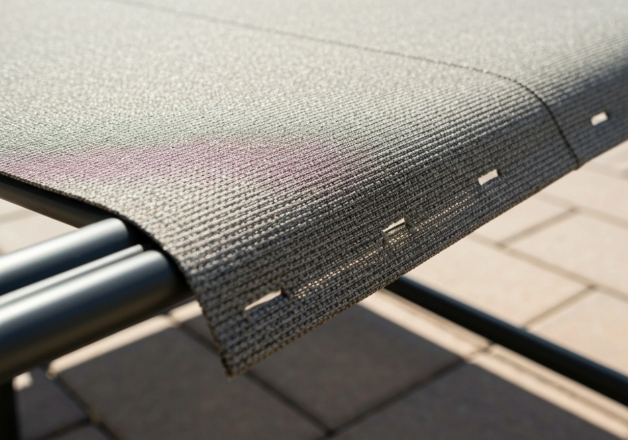 Close-up of woven sling fabric patio seat showing tight weave and drainage texture