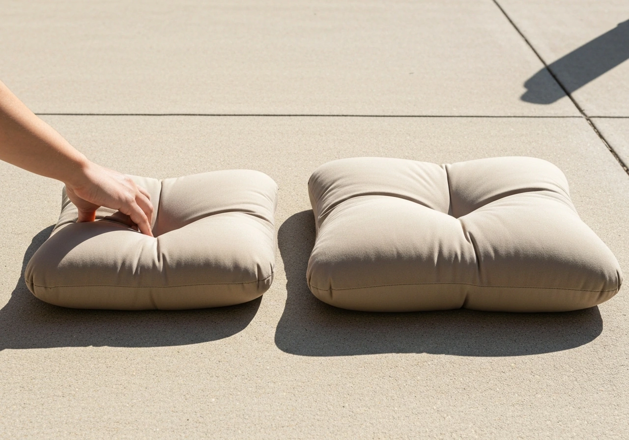 Side-by-side patio cushions: a thin firm one visibly compressing versus a thicker cushion staying plush.