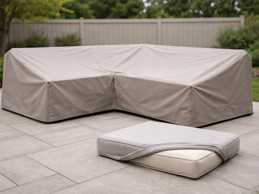 Patio furniture set under a fitted cover with a cushion and removable cover detail visible