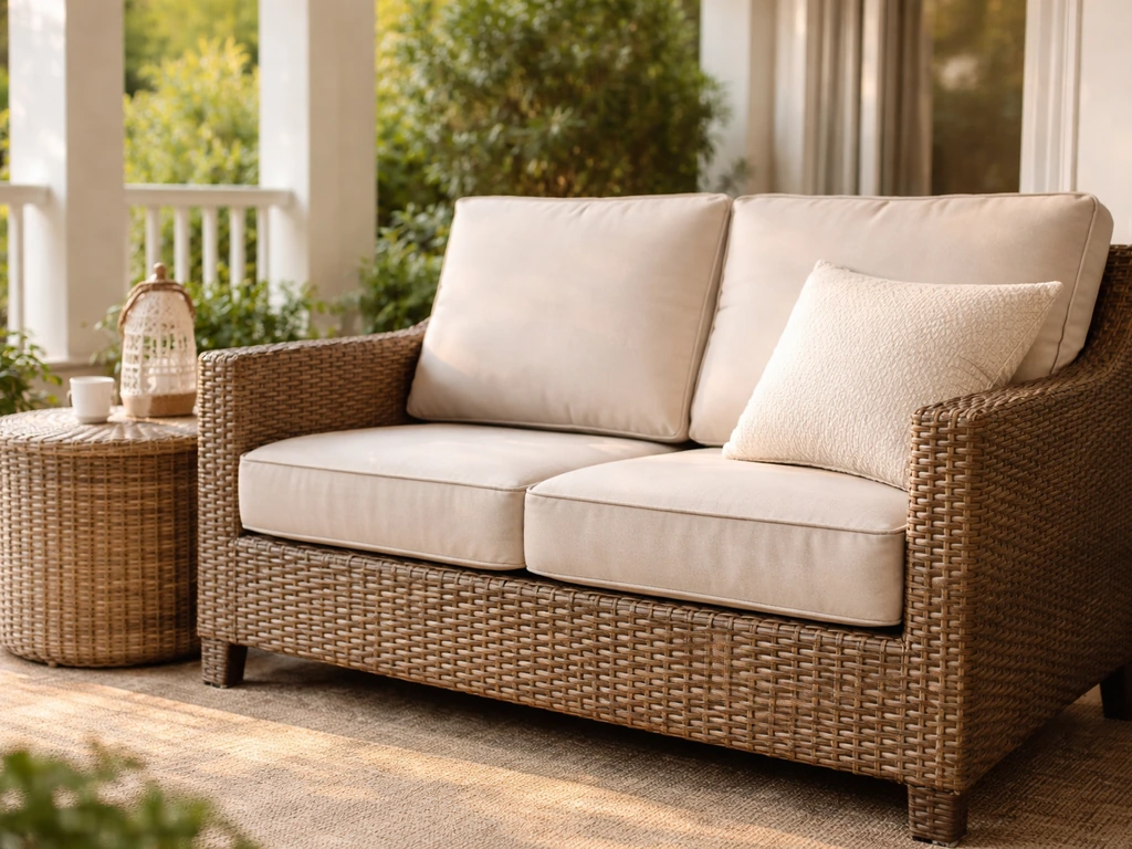 Sunlit covered patio with a PE wicker-over-steel loveseat and side table in neutral tones.