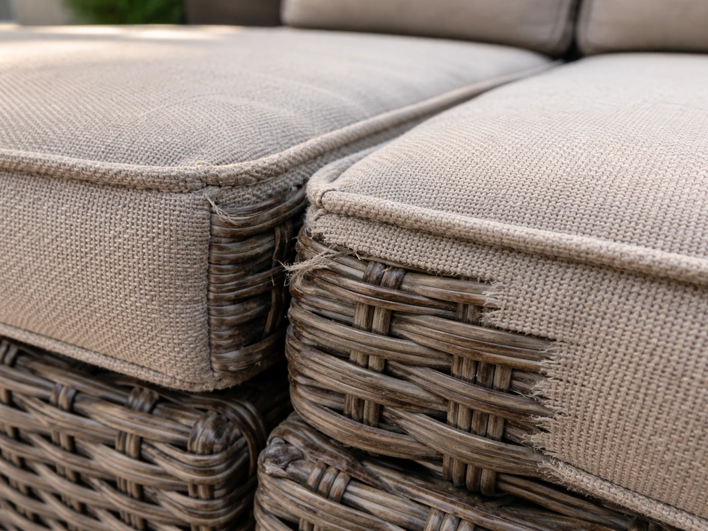 Close-up of patio furniture wicker weave and cushion stitching near a frame joint, showing wear.