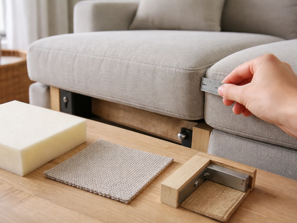 Hand inspecting sofa cushion materials with ruler and unlabeled fabric and foam samples laid out.