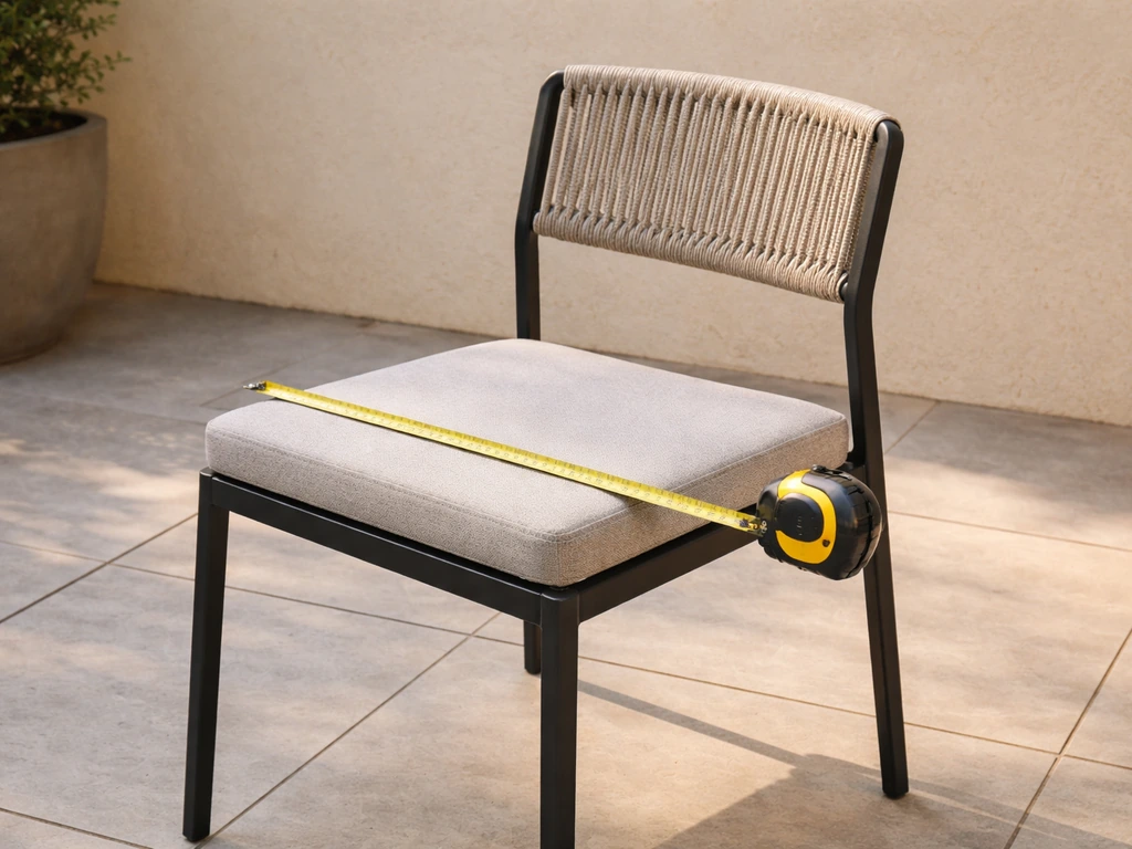 Outdoor bistro chair with a tape measure checking seat width and fit on a patio.