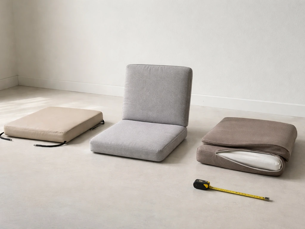Three chair-cushion samples side-by-side on a neutral floor with a measuring tape nearby.