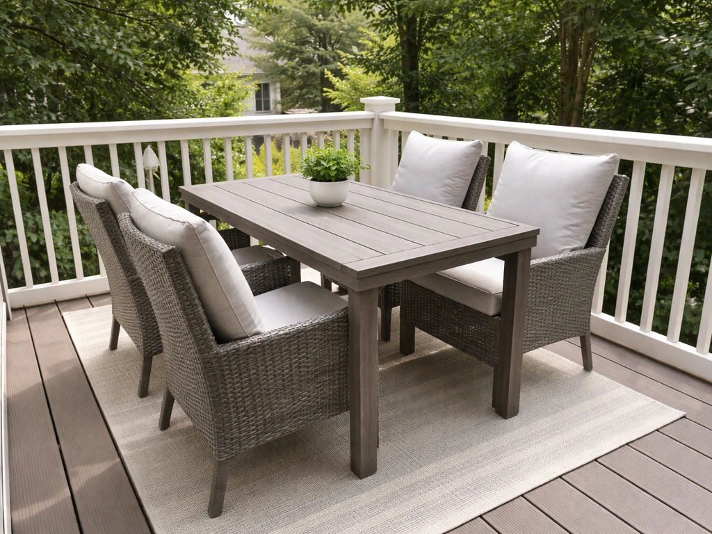 Compact small-deck setup with a rectangular outdoor dining table and two seats on each side.