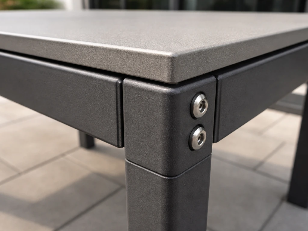 Close-up of powder-coated steel dining table frame joints and bolts showing build quality details.