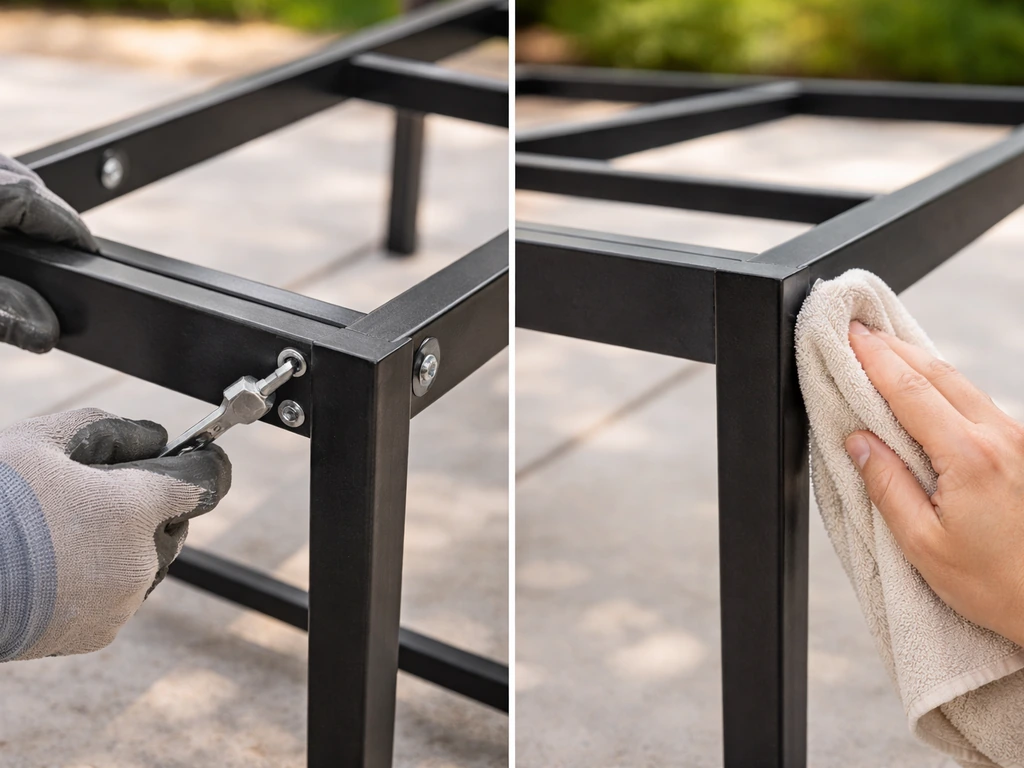 Hands using a wrench to assemble a powder-coated dining table frame; a second frame shows cleaning inspection.