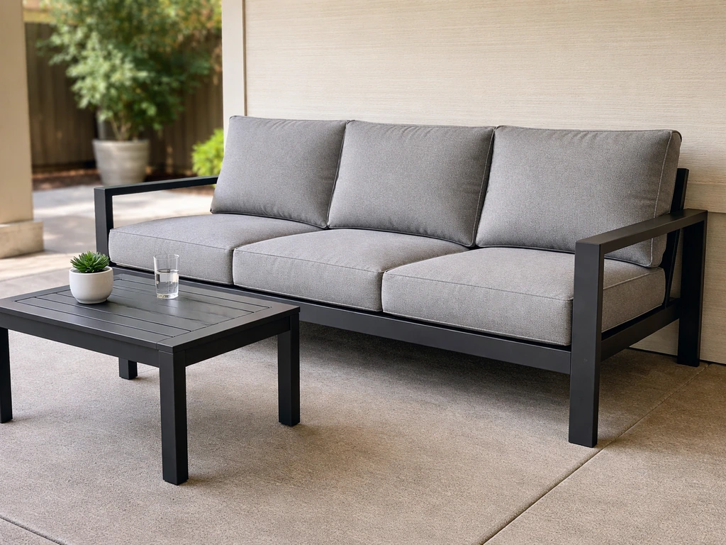 Covered patio patio furniture set with weather-ready metal frames and outdoor cushions, minimal background.